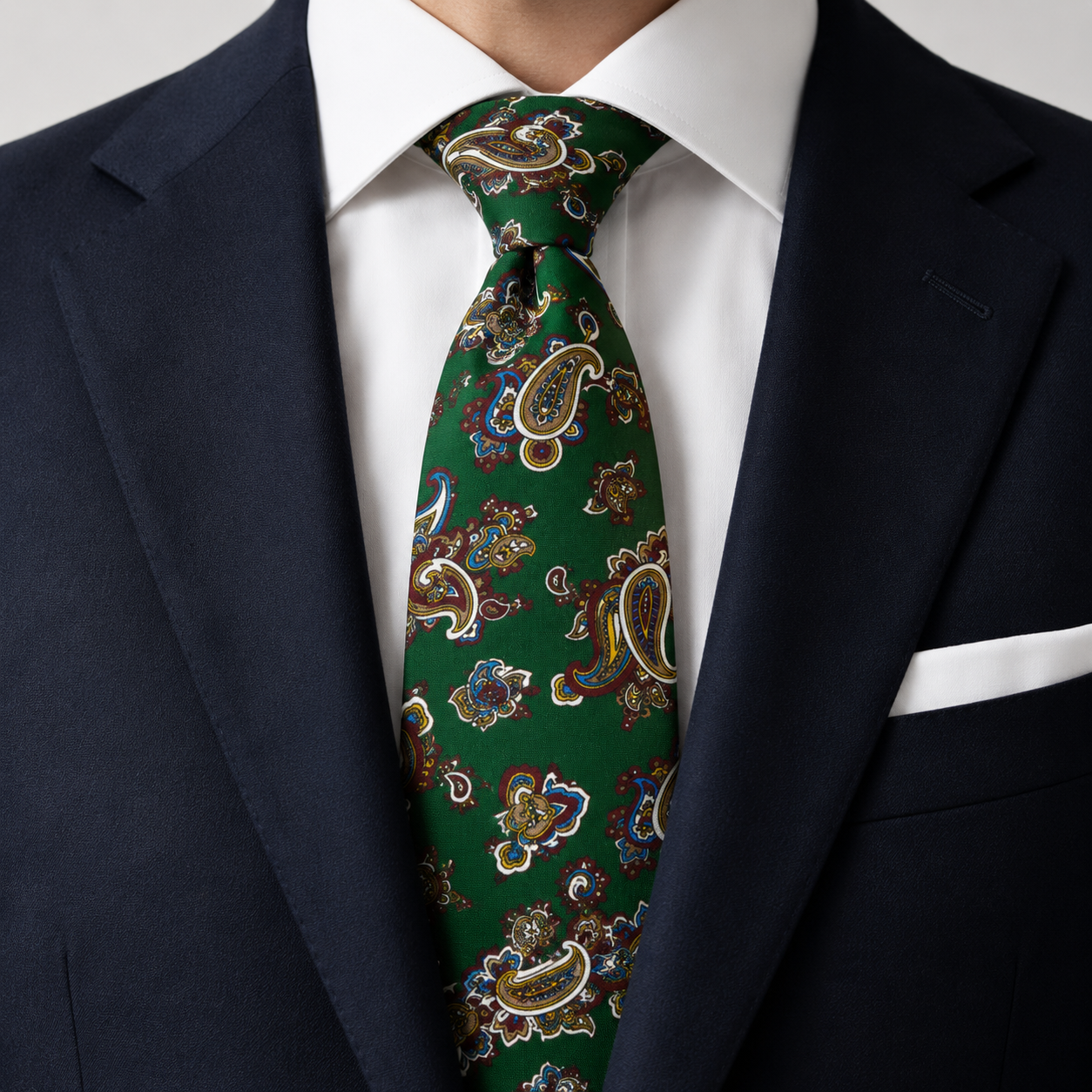 Albetro The Bloomsbury Forest Green & Antique Gold Paisley Tie - worn on suit, model shot
