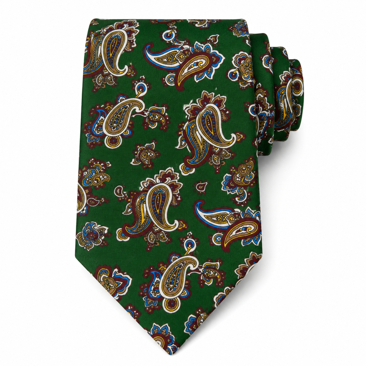 Albetro The Bloomsbury Forest Green & Antique Gold Paisley Tie - rolled silk product shot