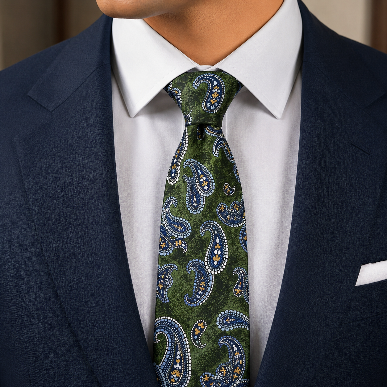 Albetro The Highgate Olive Green & Sapphire Blue Paisley Tie - worn on suit, model shot