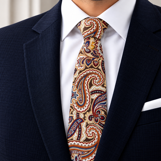 Albetro The Autumn Raj brown paisley tie worn with navy suit