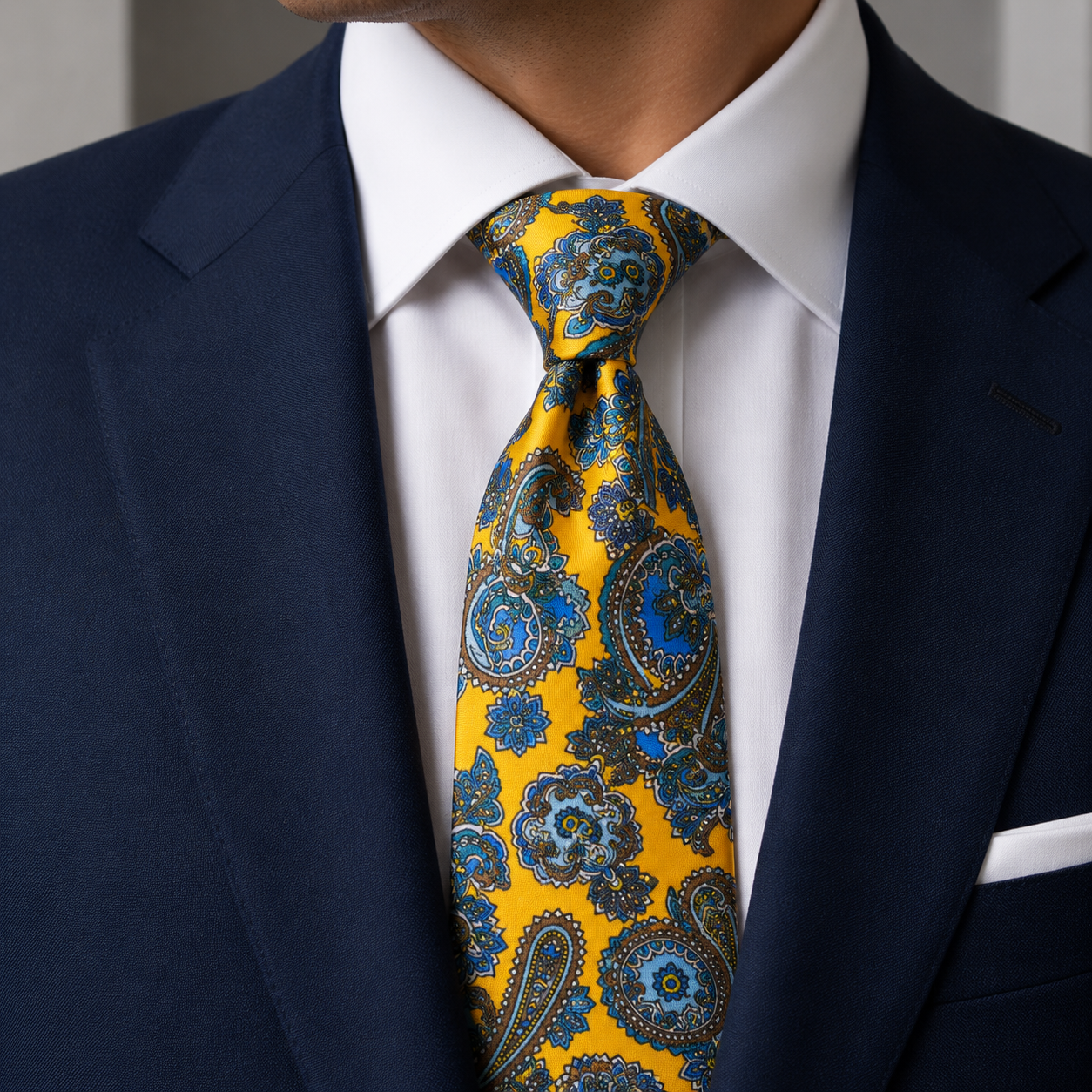 Albetro The Fitzroy Mustard Gold & Sapphire Blue Paisley Tie - worn on suit, model shot
