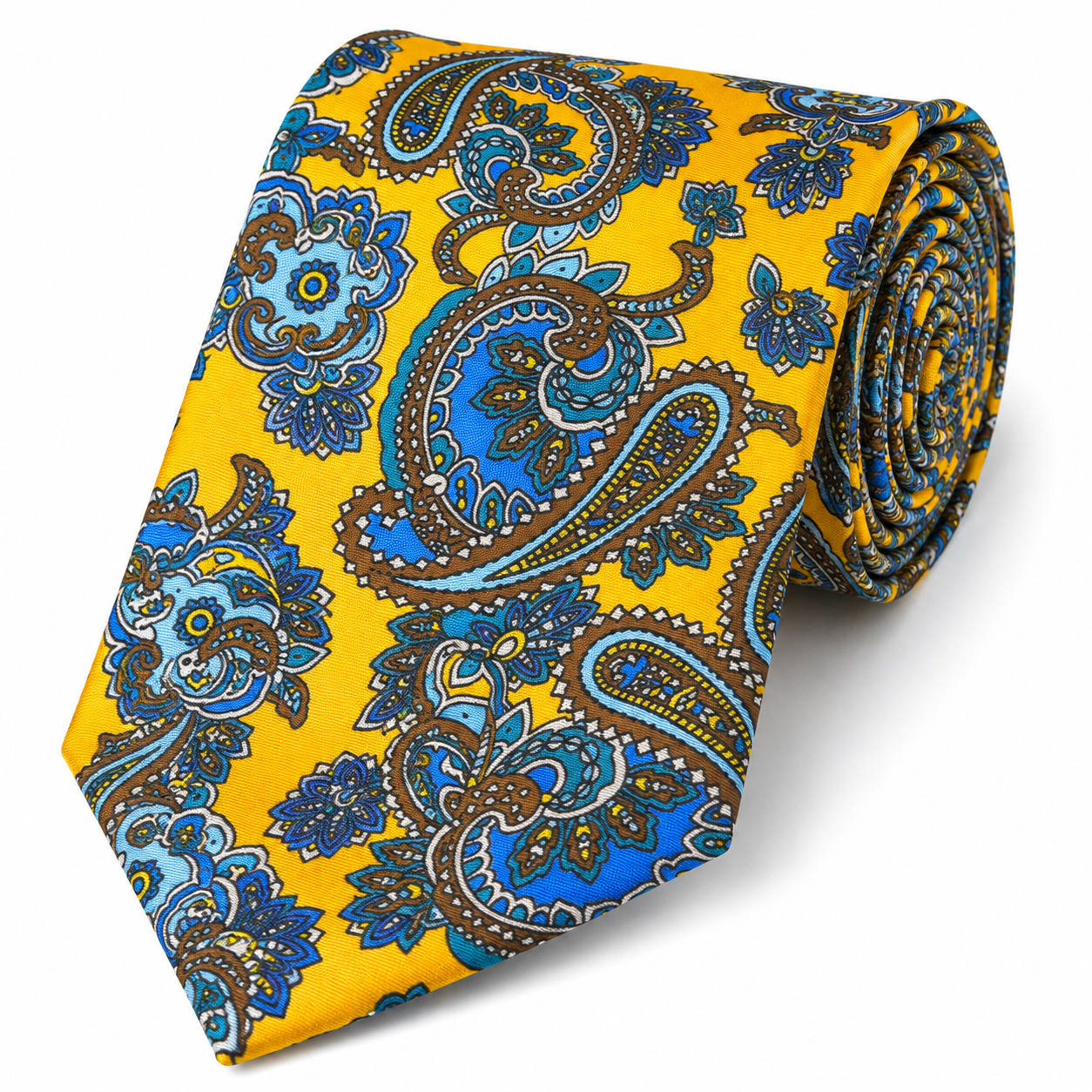 Albetro The Fitzroy Mustard Gold & Sapphire Blue Paisley Tie - rolled silk product shot