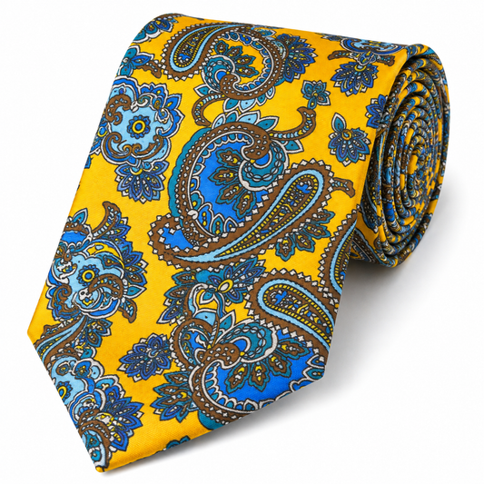 Albetro The Fitzroy Mustard Gold & Sapphire Blue Paisley Tie - rolled silk product shot
