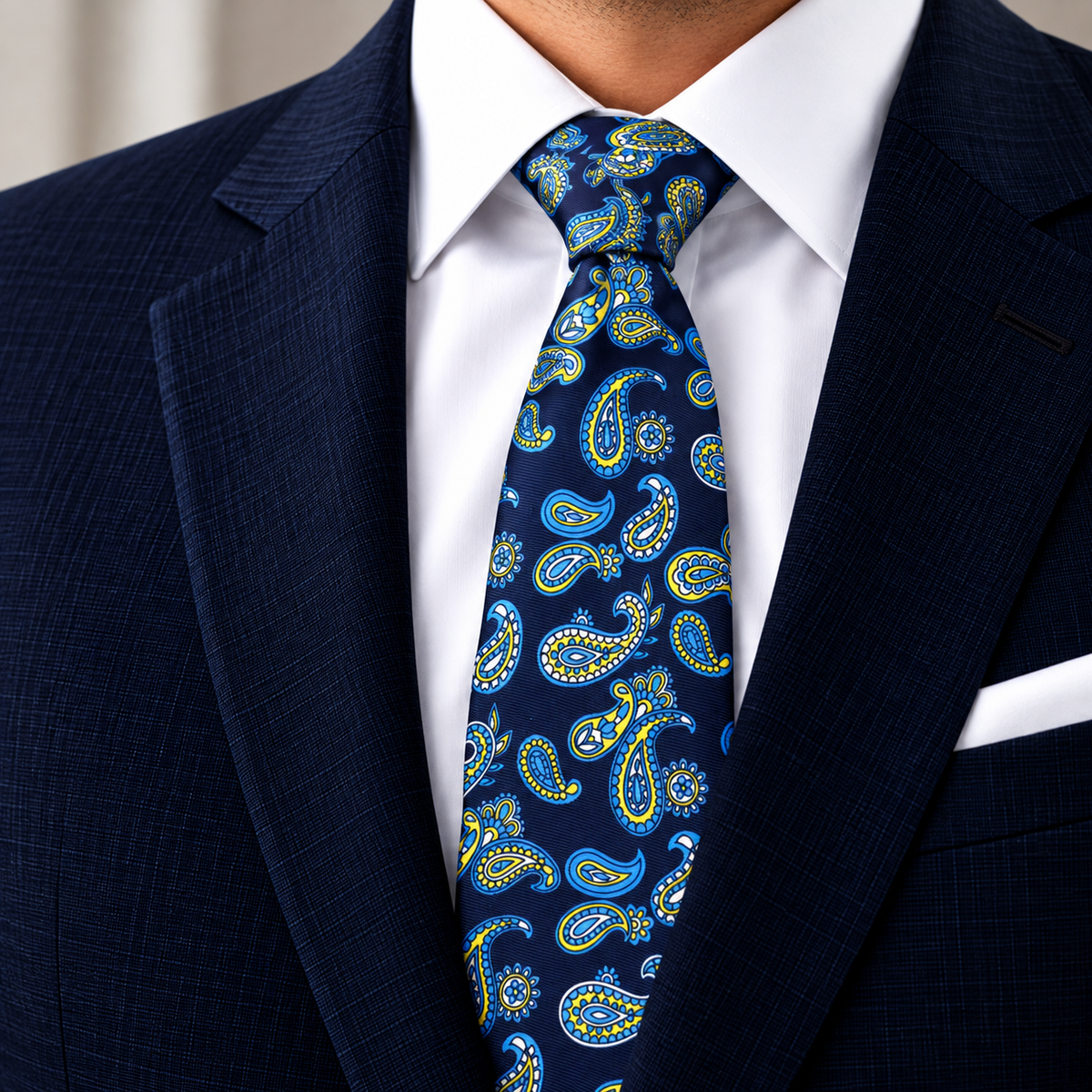 Albetro The Midnight Citrine navy paisley tie worn with navy suit