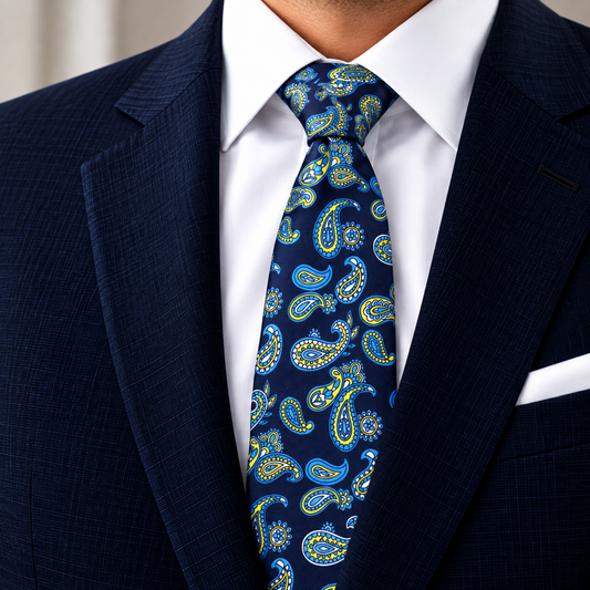 Albetro The Midnight Citrine navy paisley tie worn with navy suit
