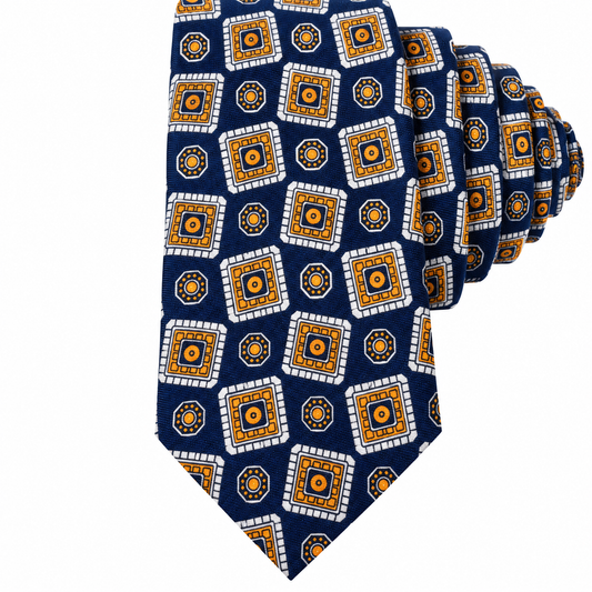 Albetro The Amber Court navy orange medallion tie detailed view