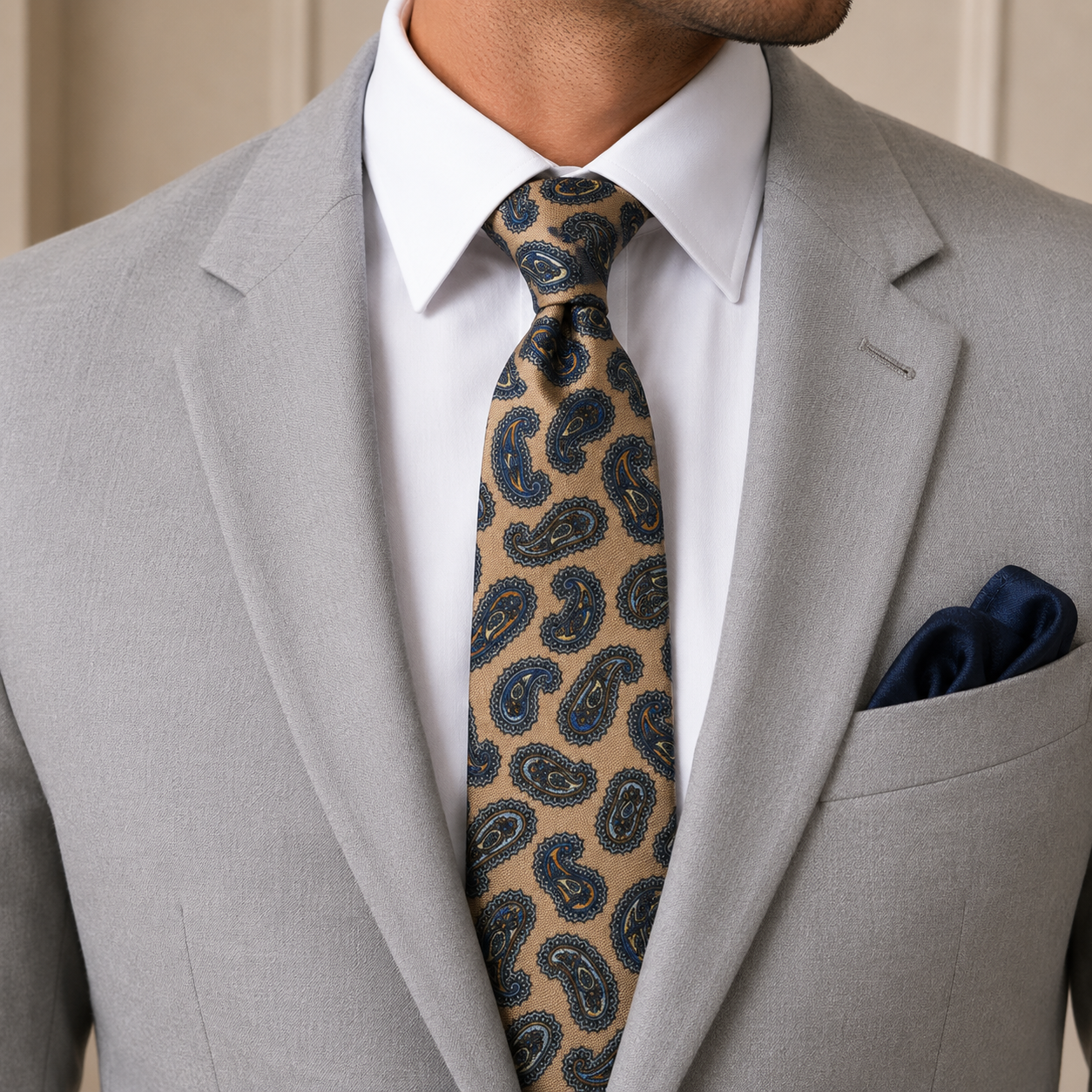 Albetro The Oxford Camel & Navy Blue Paisley Tie - worn on suit, model shot