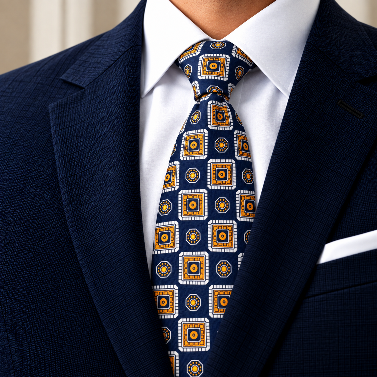 Albetro The Amber Court navy medallion tie worn with navy suit