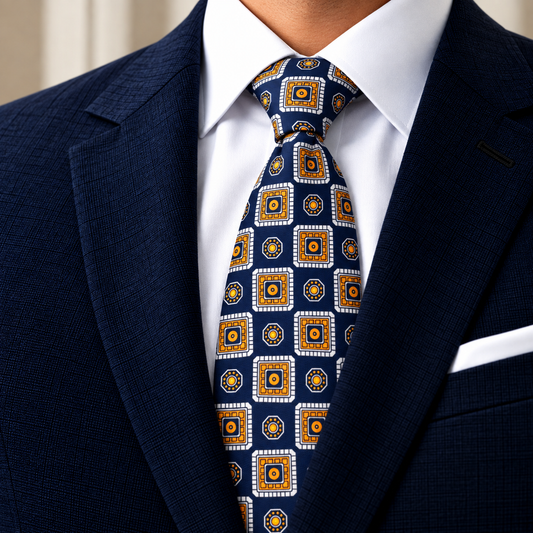 Albetro The Amber Court navy medallion tie worn with navy suit