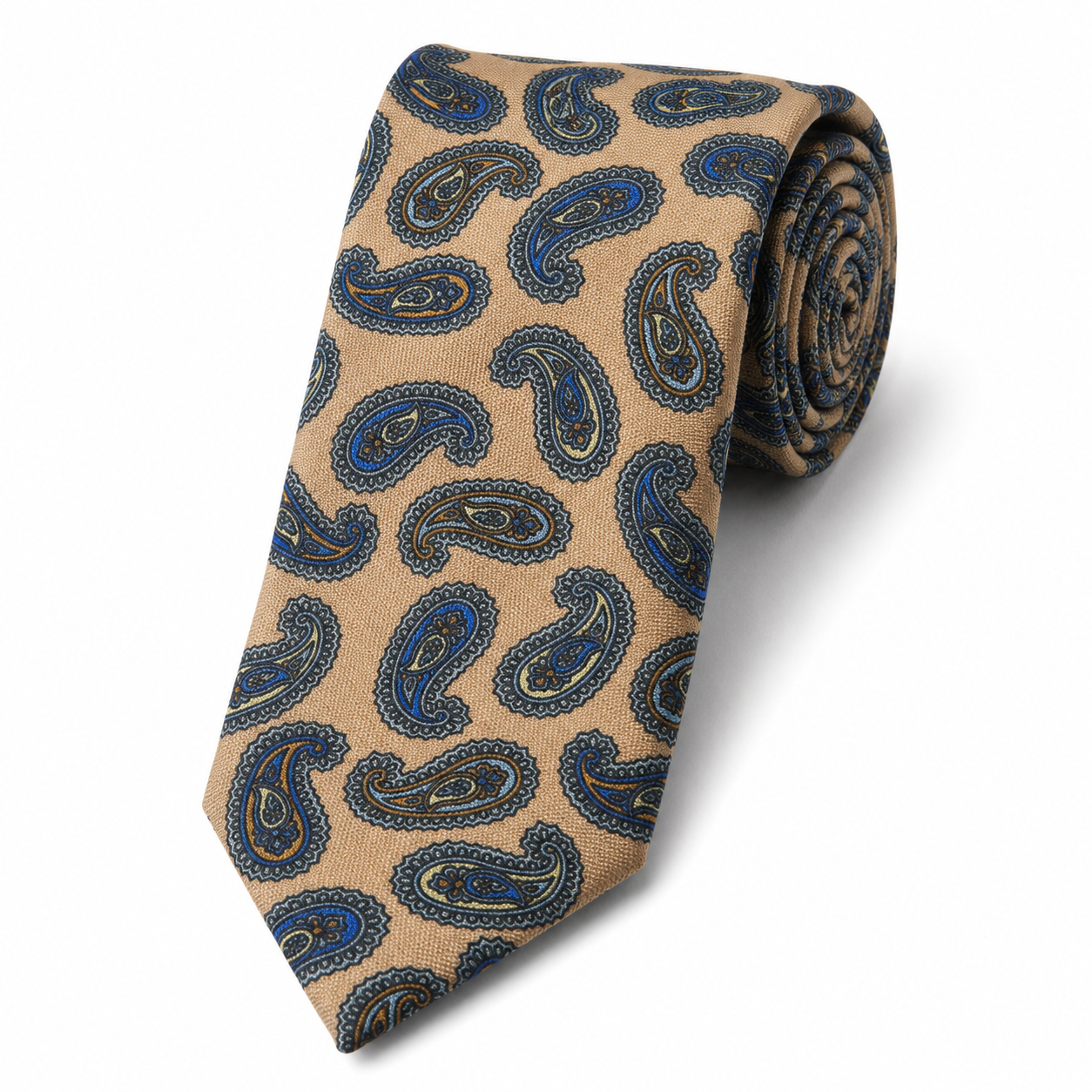 Albetro The Oxford Camel & Navy Blue Paisley Tie - rolled silk product shot
