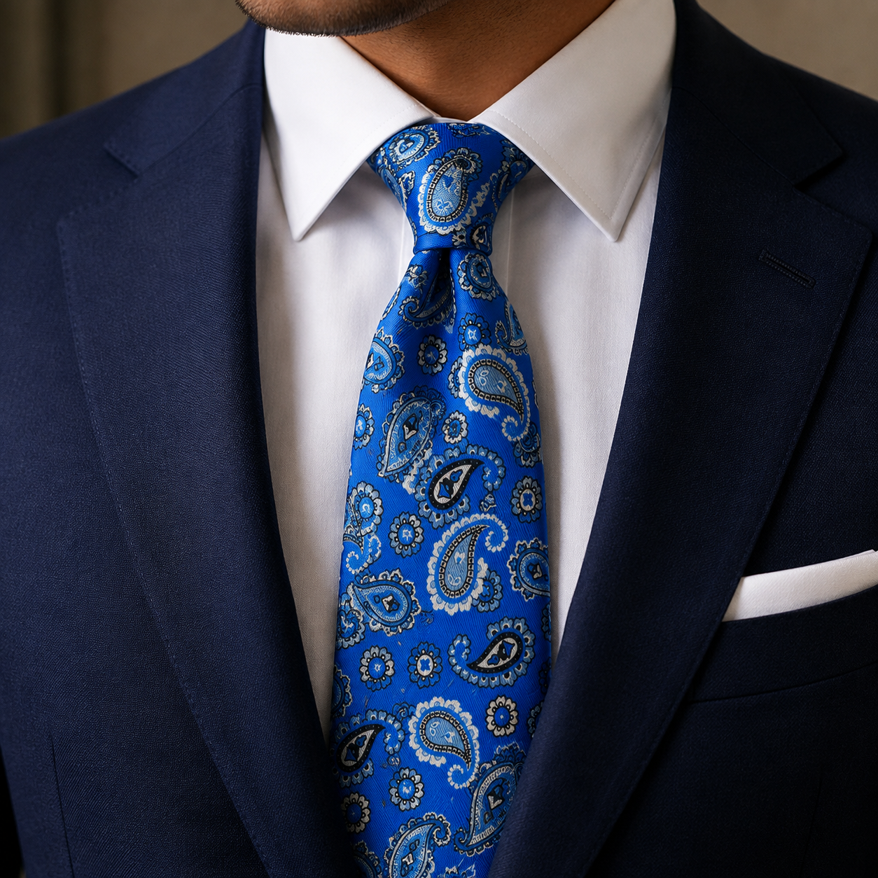 Albetro The Greenwich Azure Blue & Navy Paisley Tie - worn on suit, model shot