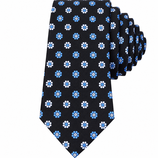 Albetro The Cornflower Noir black blue floral tie detailed view