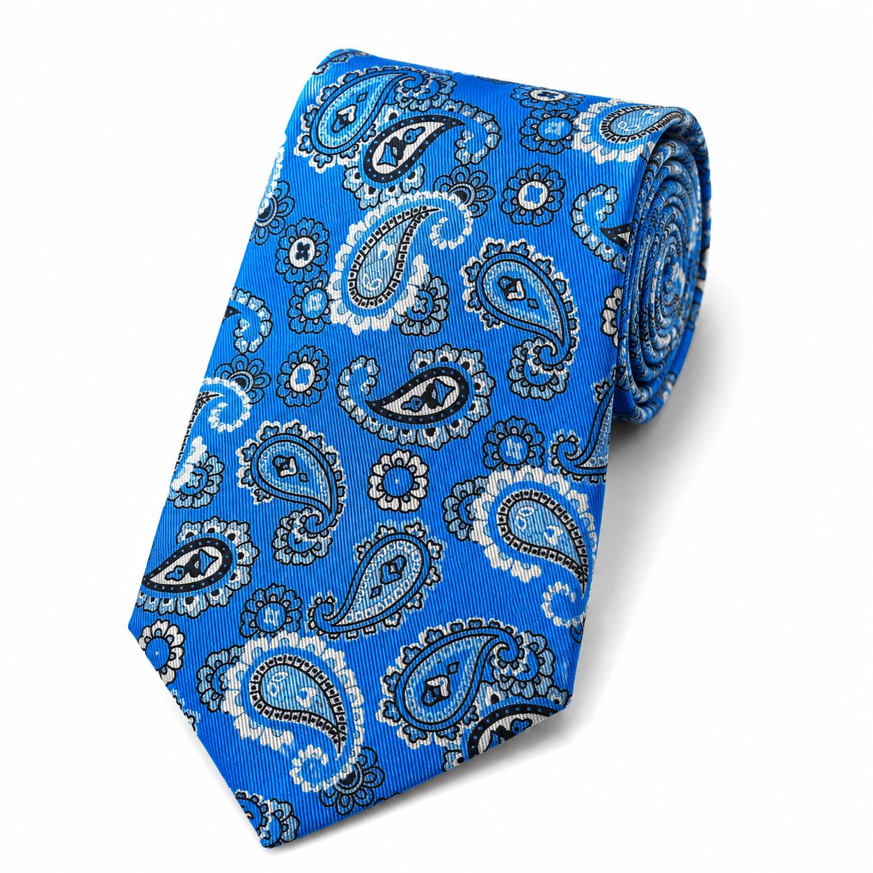 Albetro The Greenwich Azure Blue & Navy Paisley Tie - rolled silk product shot