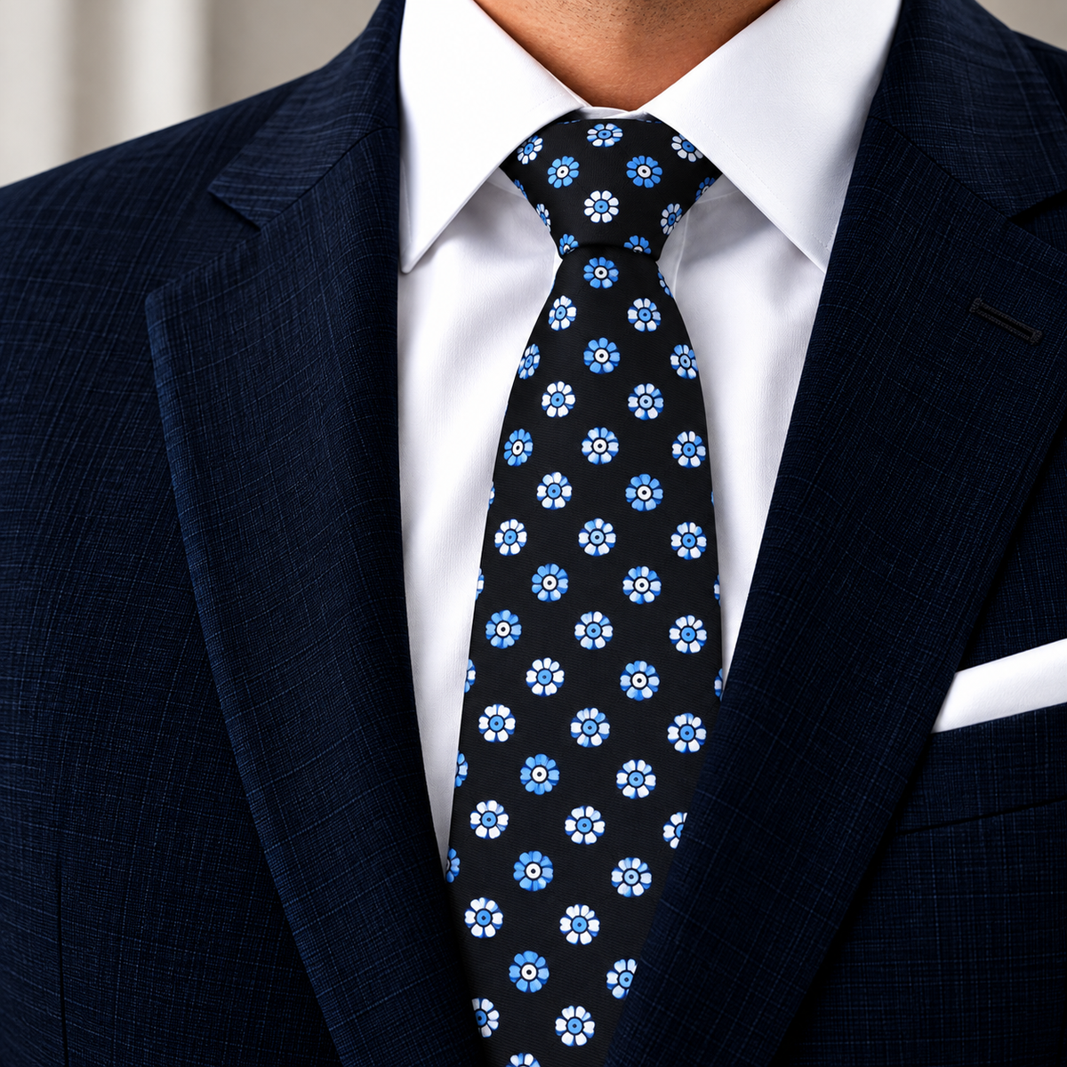 Albetro The Cornflower Noir black floral tie worn with navy suit
