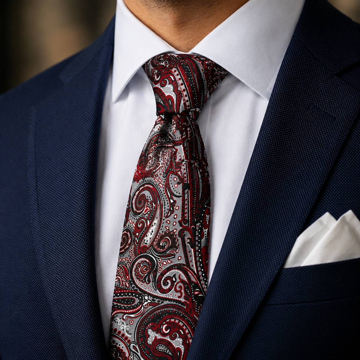 Albetro The Beaumont Maroon & Silver Paisley Tie - worn on suit, model shot