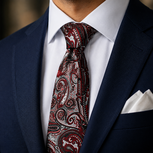 Albetro The Beaumont Maroon & Silver Paisley Tie - worn on suit, model shot