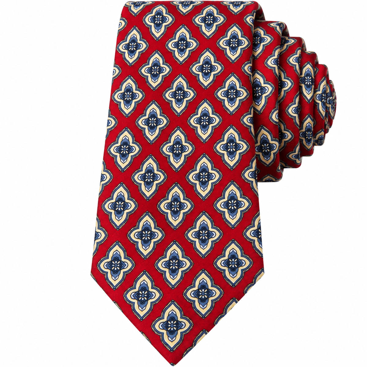Albetro The Crimson Quatrefoil red blue medallion tie detailed view