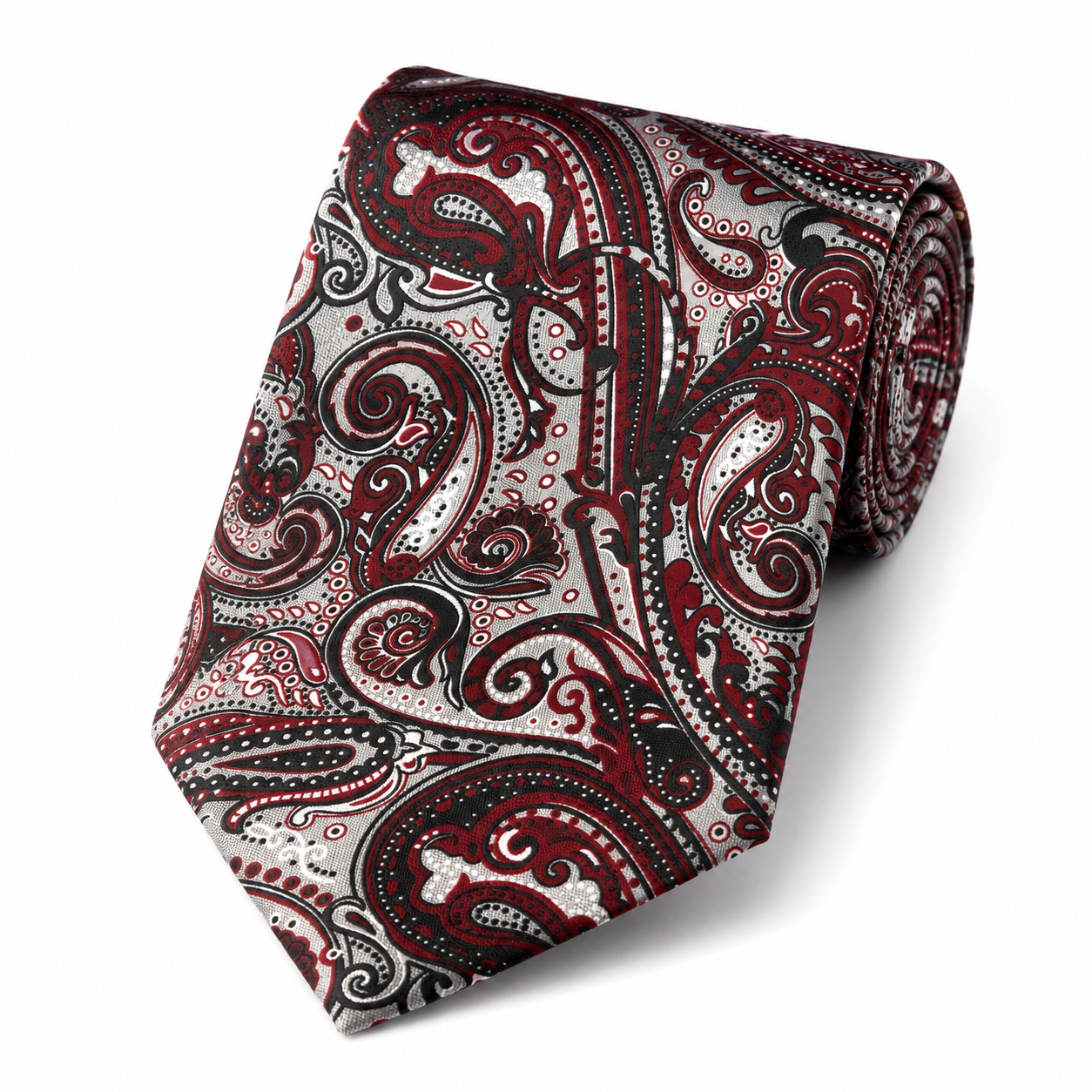 Albetro The Beaumont Maroon & Silver Paisley Tie - rolled silk product shot