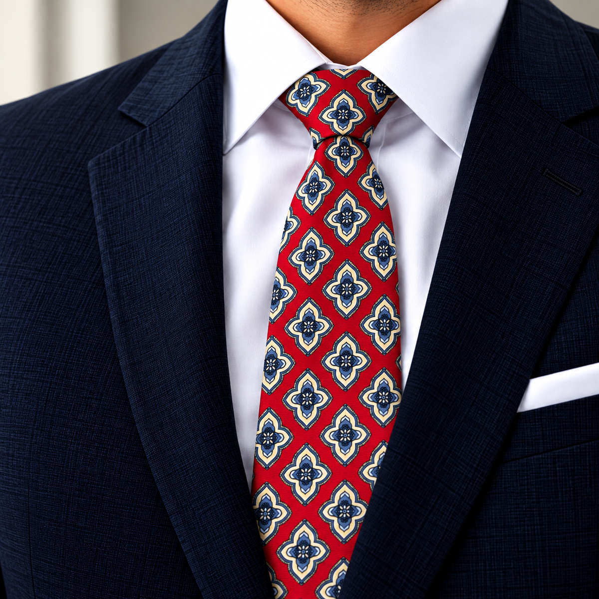 Albetro The Crimson Quatrefoil red medallion tie worn with navy suit