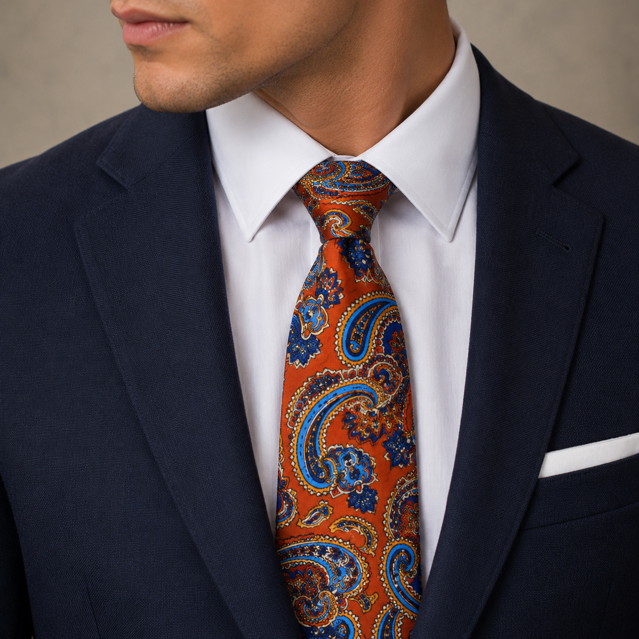 Albetro The Carnaby Terracotta & Royal Blue Paisley Tie - worn on suit, model shot