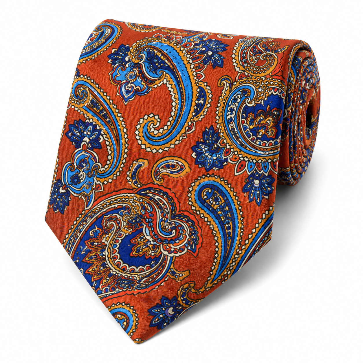 Albetro The Carnaby Terracotta & Royal Blue Paisley Tie - rolled silk product shot