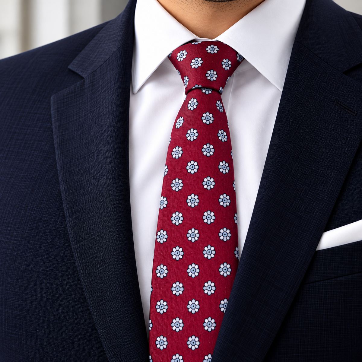 Albetro The Bordeaux Daisy maroon floral tie worn with navy suit