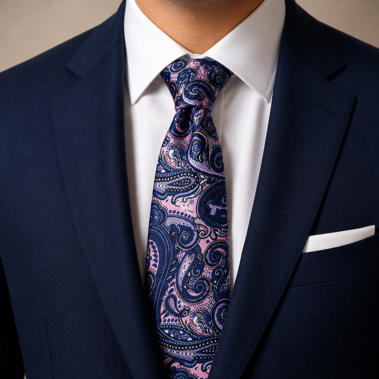 Albetro The Piccadilly Purple & Rose Pink Paisley Tie - worn on suit, model shot
