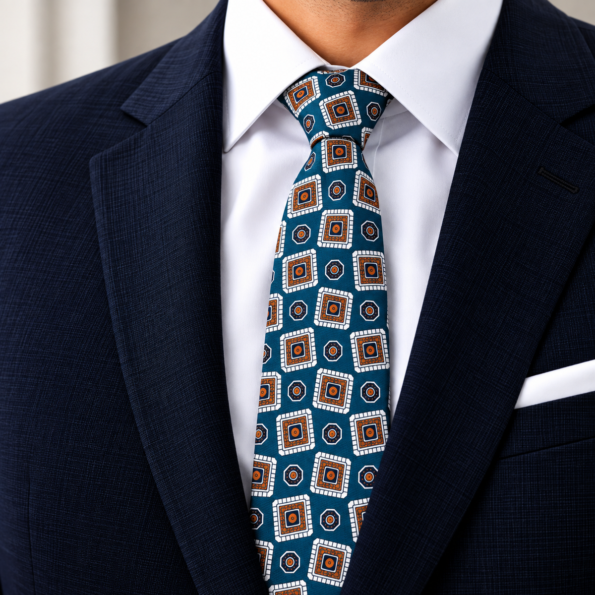 Albetro The Teal Bazaar teal medallion tie worn with navy suit