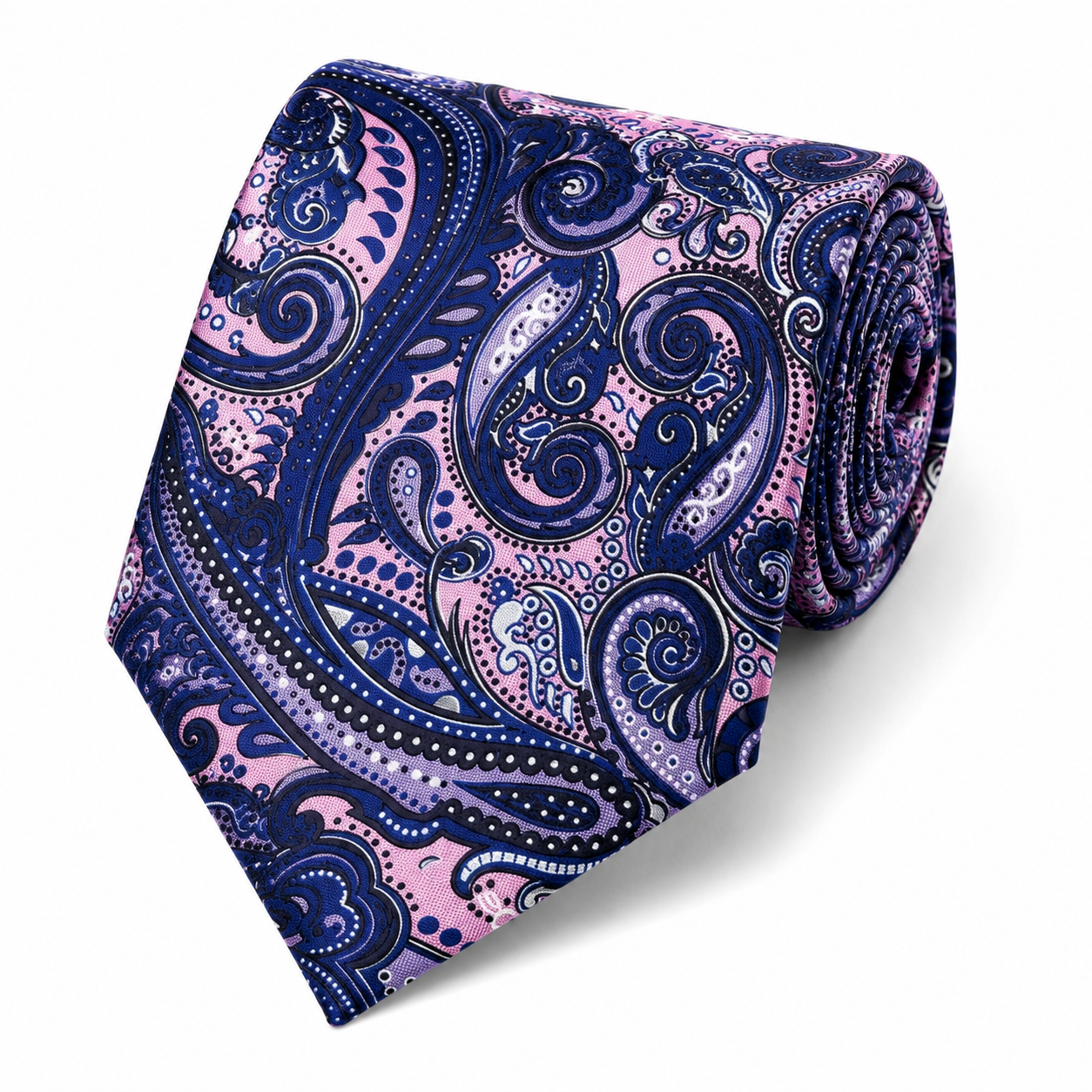 Albetro The Piccadilly Purple & Rose Pink Paisley Tie - rolled silk product shot