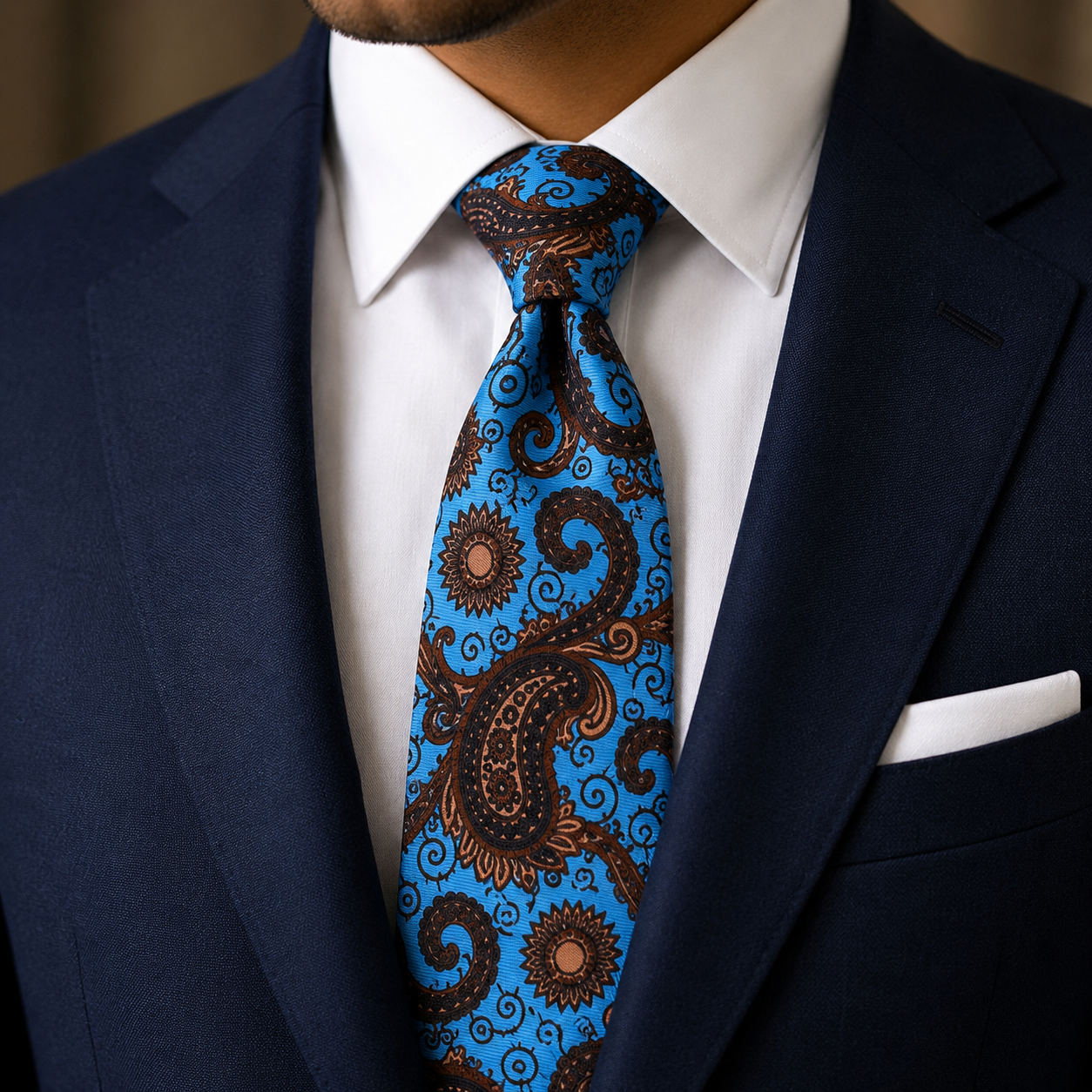 Albetro The Sheridan Sky Blue & Chocolate Brown Paisley Tie - worn on suit, model shot