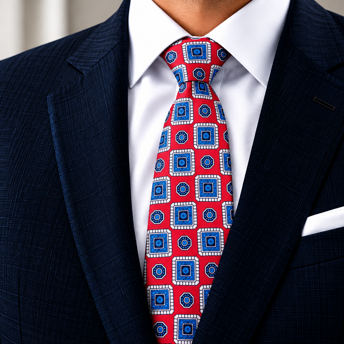 Albetro The Royal Scarlet red medallion tie worn with navy suit