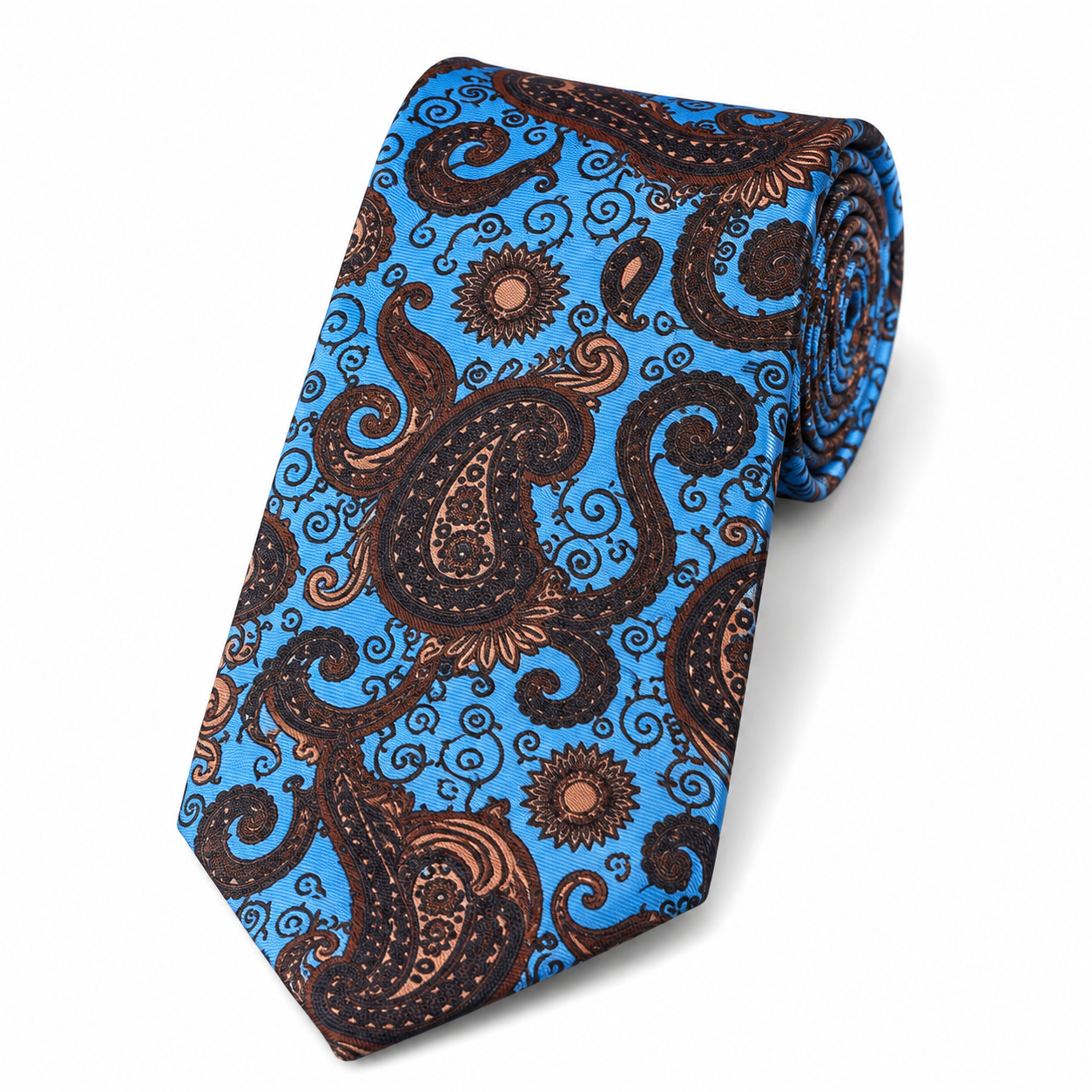 Albetro The Sheridan Sky Blue & Chocolate Brown Paisley Tie - rolled silk product shot