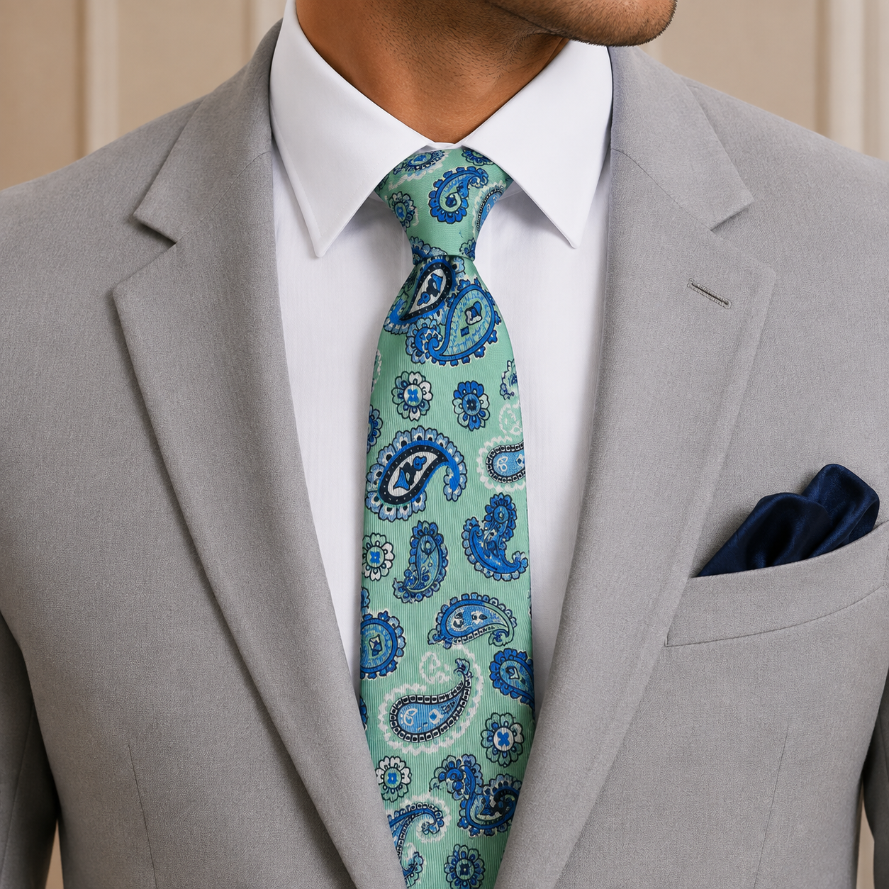 Albetro The Blenheim Mint Green & Cobalt Blue Paisley Tie - worn on suit, model shot