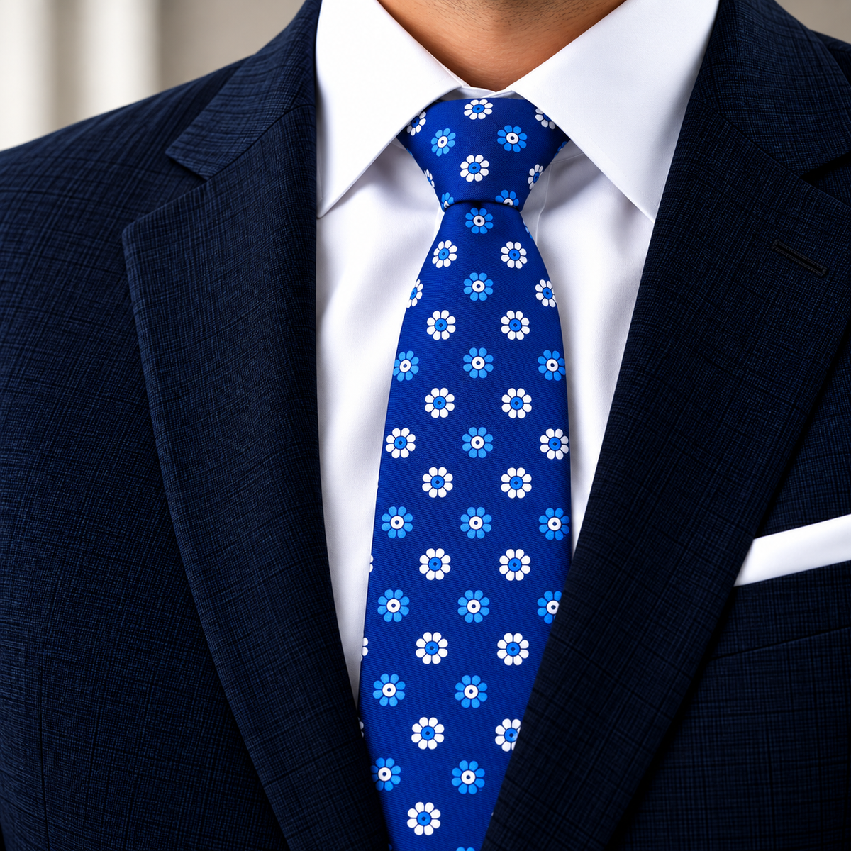 Albetro The Cobalt Bloom royal blue floral tie worn with navy suit