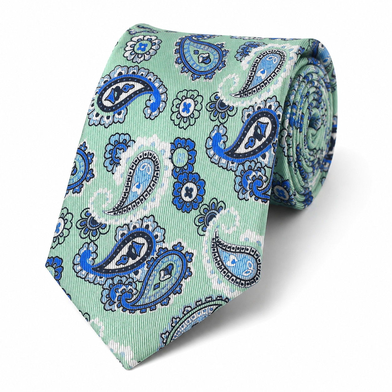 Albetro The Blenheim Mint Green & Cobalt Blue Paisley Tie - rolled silk product shot