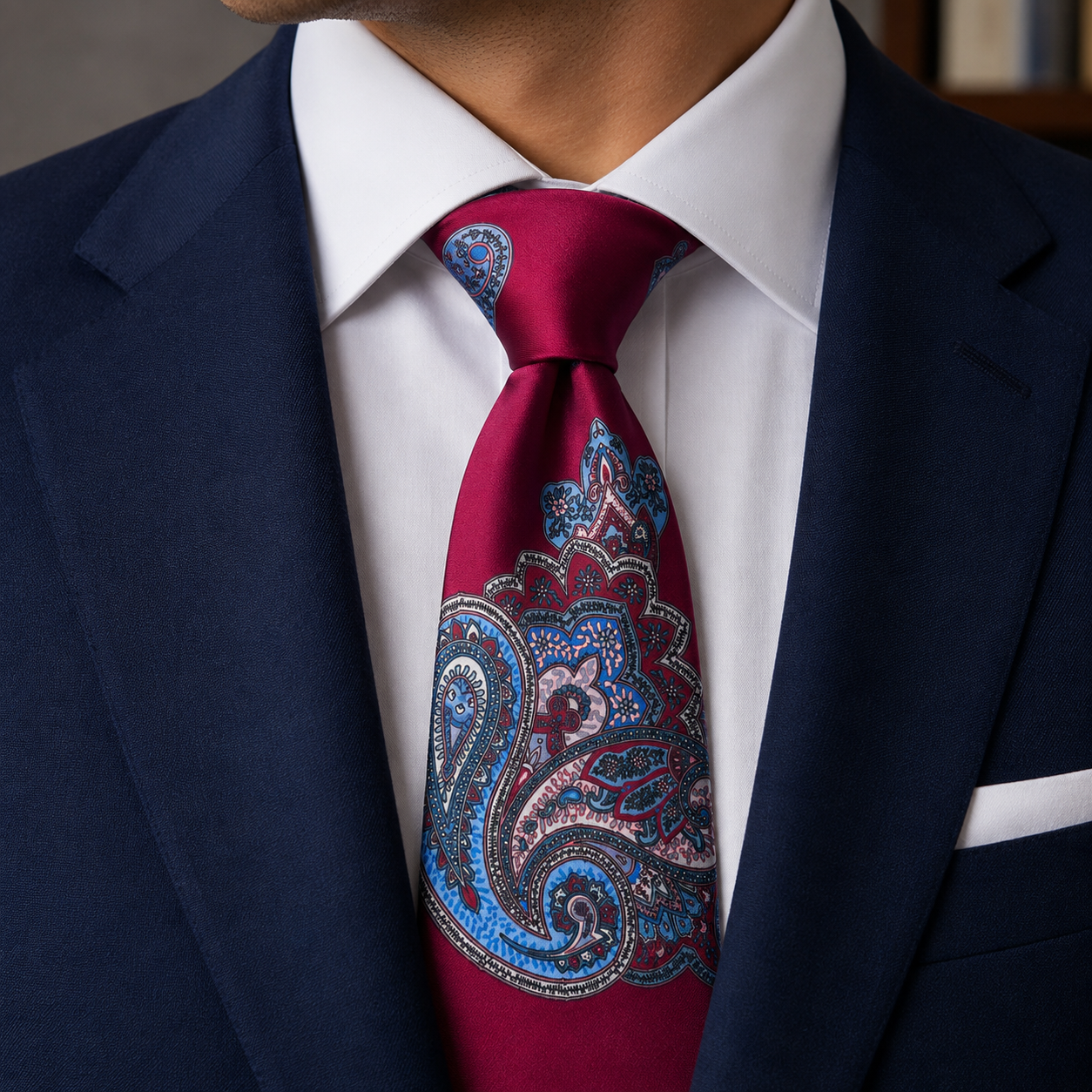 Albetro The Sandhurst Crimson & Sky Blue Paisley Tie - worn on suit, model shot