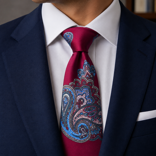 Albetro The Sandhurst Crimson & Sky Blue Paisley Tie - worn on suit, model shot