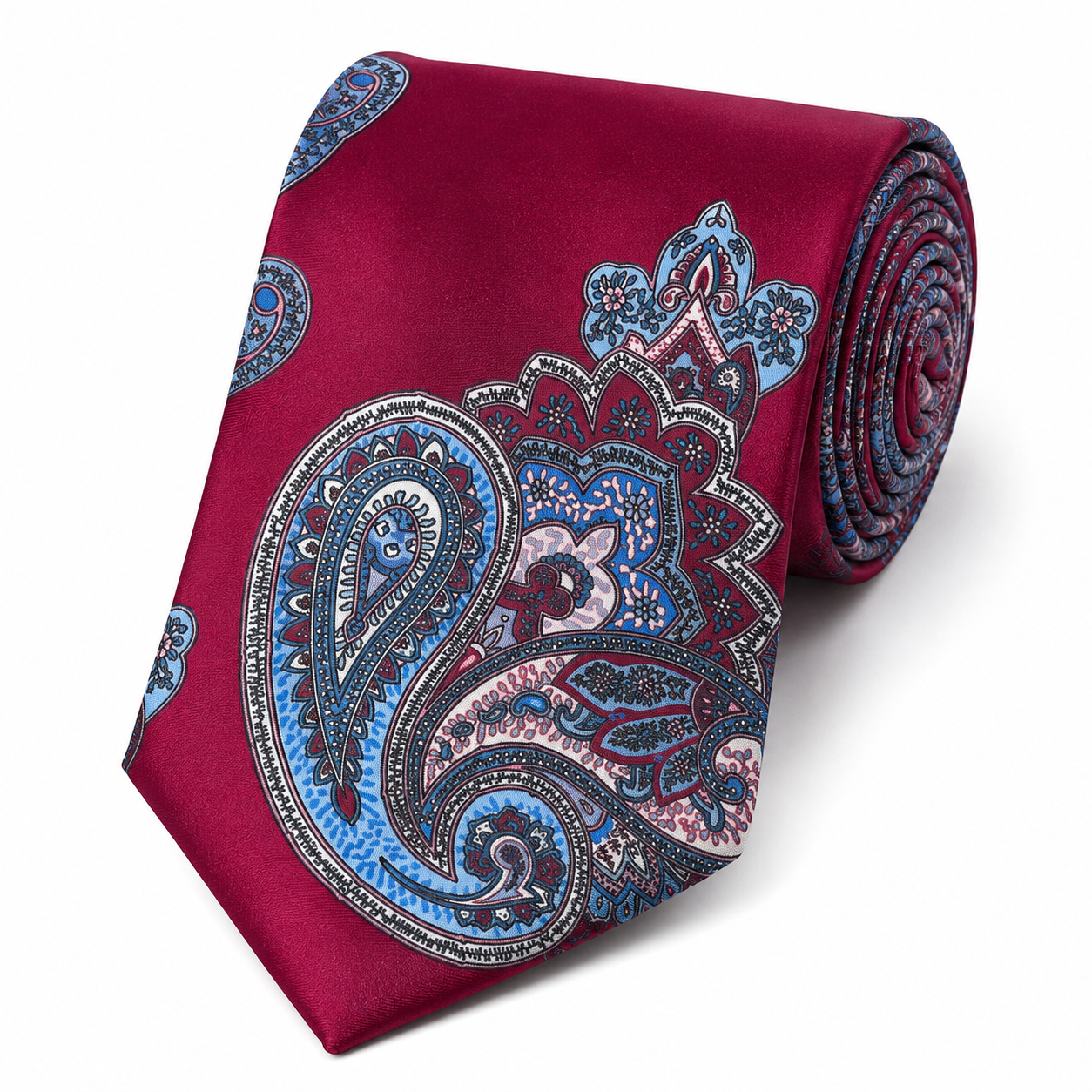 Albetro The Sandhurst Crimson & Sky Blue Paisley Tie - rolled silk product shot