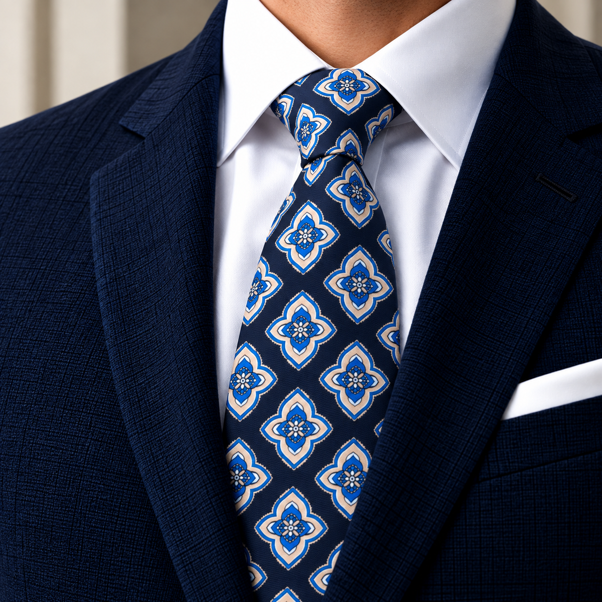 Albetro The Sapphire Quatrefoil navy medallion tie worn with navy suit