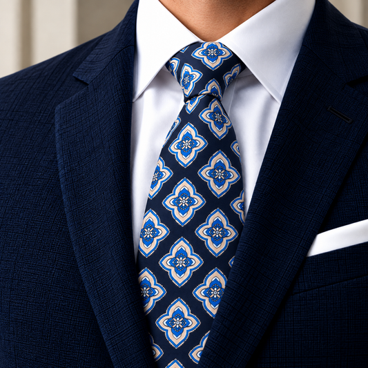 Albetro The Sapphire Quatrefoil navy medallion tie worn with navy suit