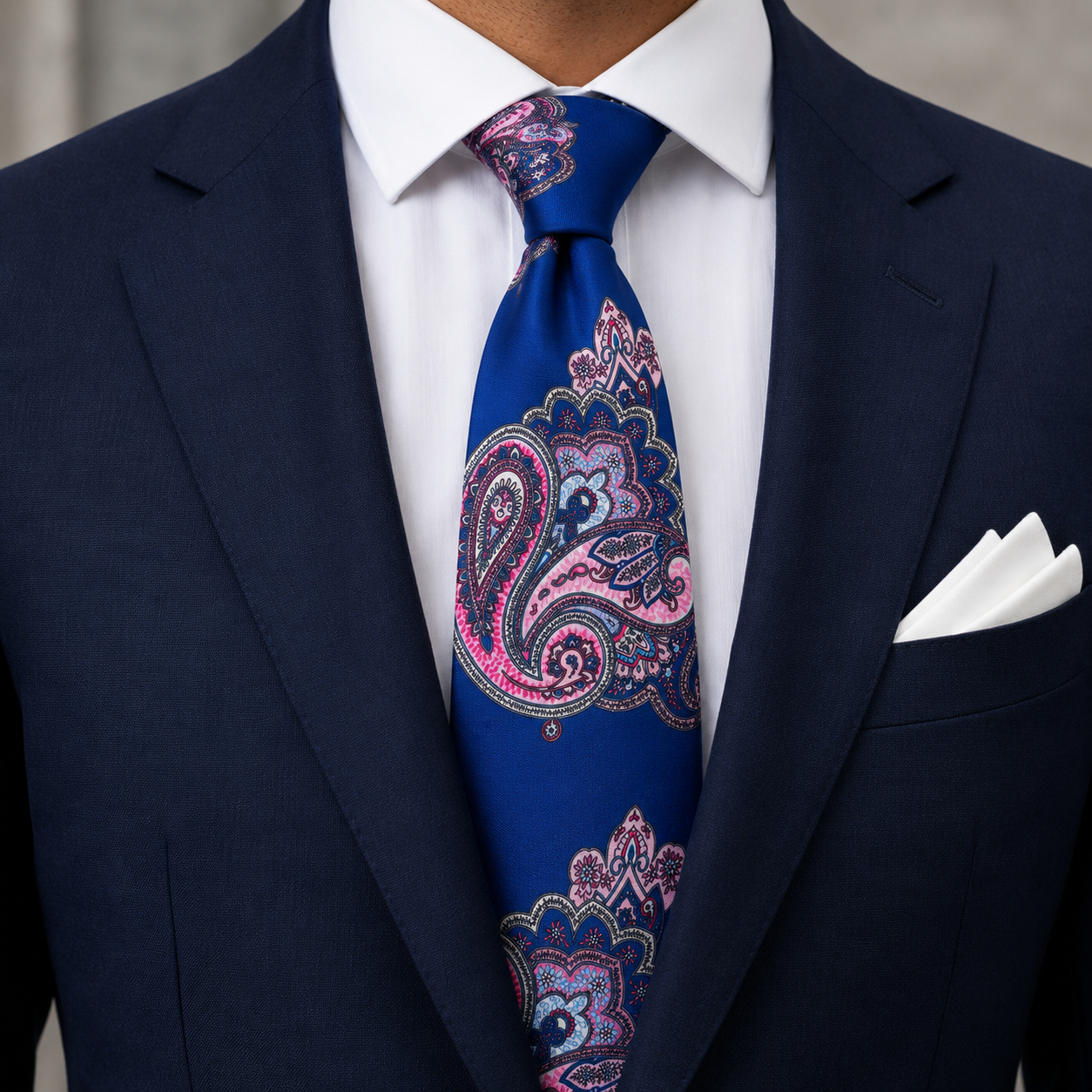 Albetro The Chelsea Royal Blue & Blush Pink Paisley Tie - worn on suit, model shot