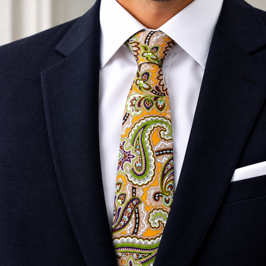 Albetro The Saffron Garden gold paisley tie worn with navy suit