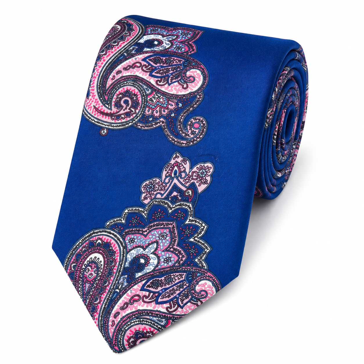 Albetro The Chelsea Royal Blue & Blush Pink Paisley Tie - rolled silk product shot