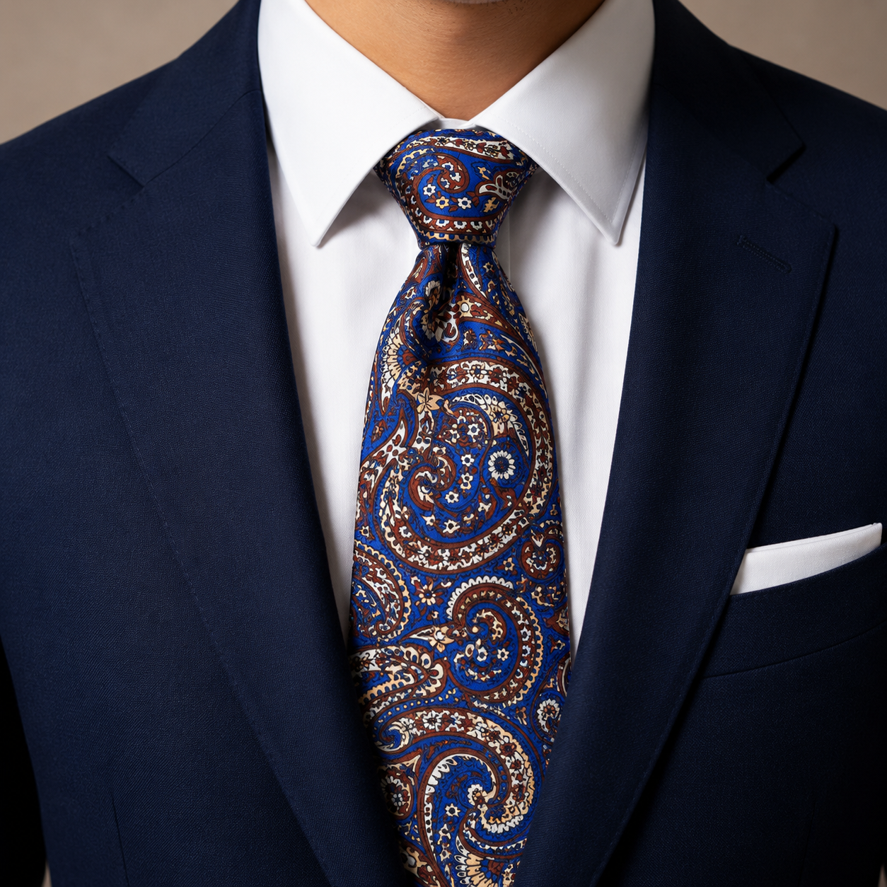 Albetro The Ashford Royal Blue & Cognac Paisley Tie - worn on suit, model shot