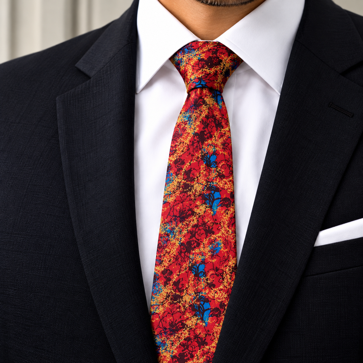 Albetro The Firebird red abstract floral tie worn with black suit