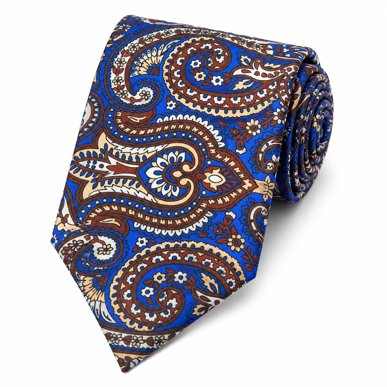 Albetro The Ashford Royal Blue & Cognac Paisley Tie - rolled silk product shot