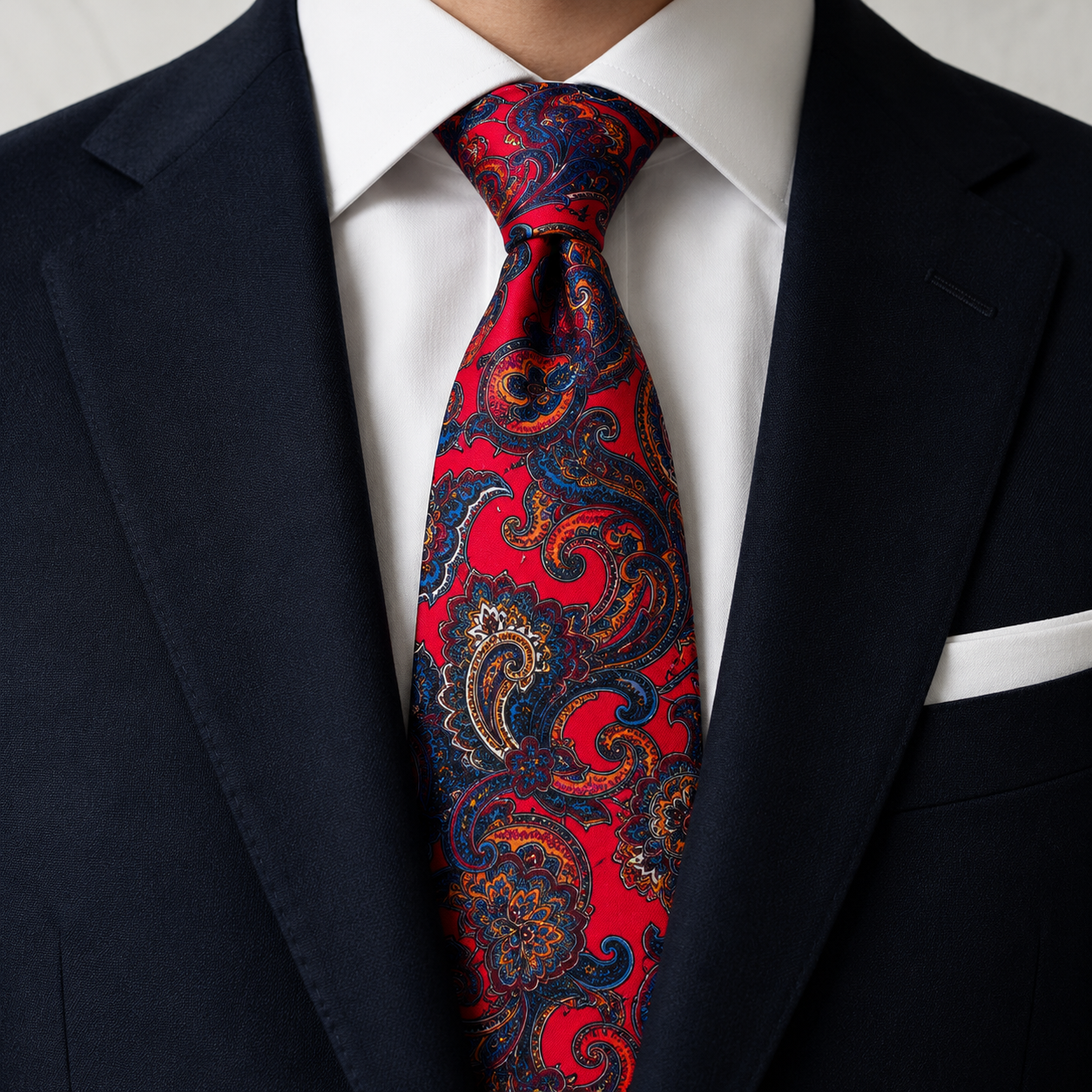 Albetro The Regent Crimson & Antique Gold Paisley Tie - worn on suit, model shot