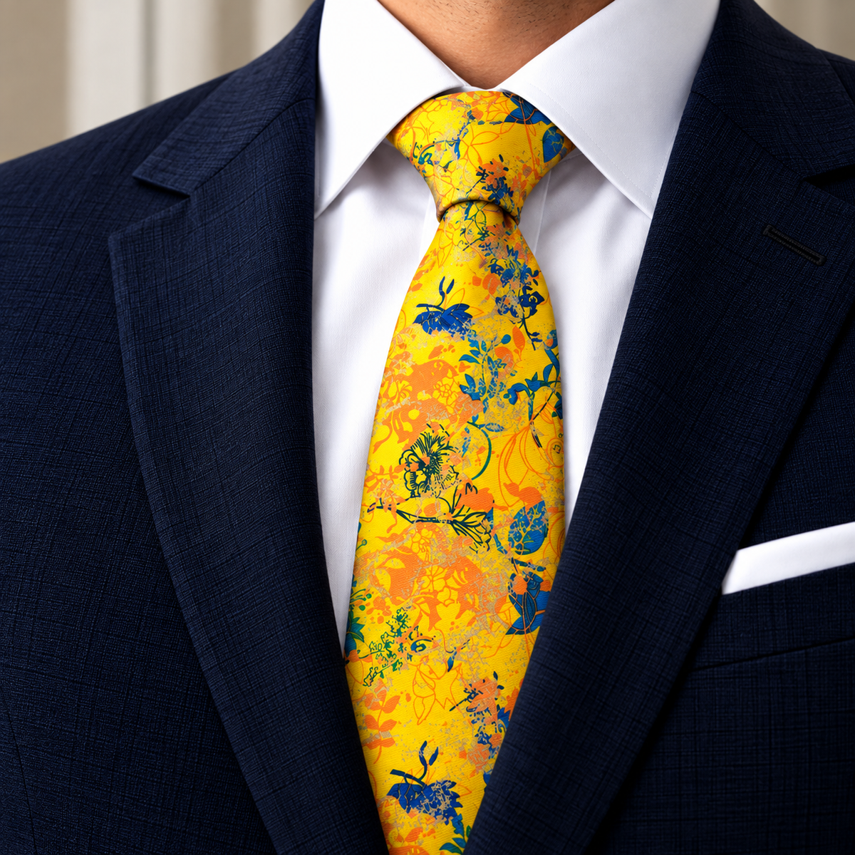 Albetro The Solar Bloom yellow abstract floral tie worn with navy suit