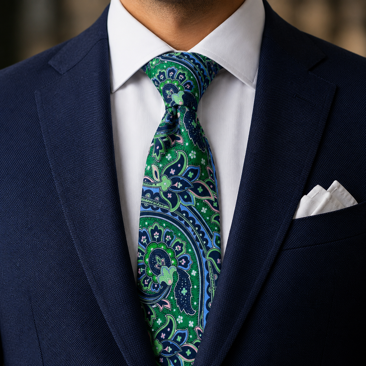 Albetro The Belgrave Royal Blue & Emerald Green Paisley Tie - worn on suit, model shot
