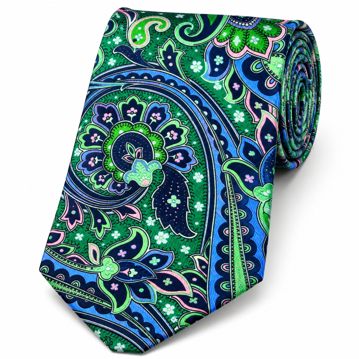 Albetro The Belgrave Royal Blue & Emerald Green Paisley Tie - rolled silk product shot